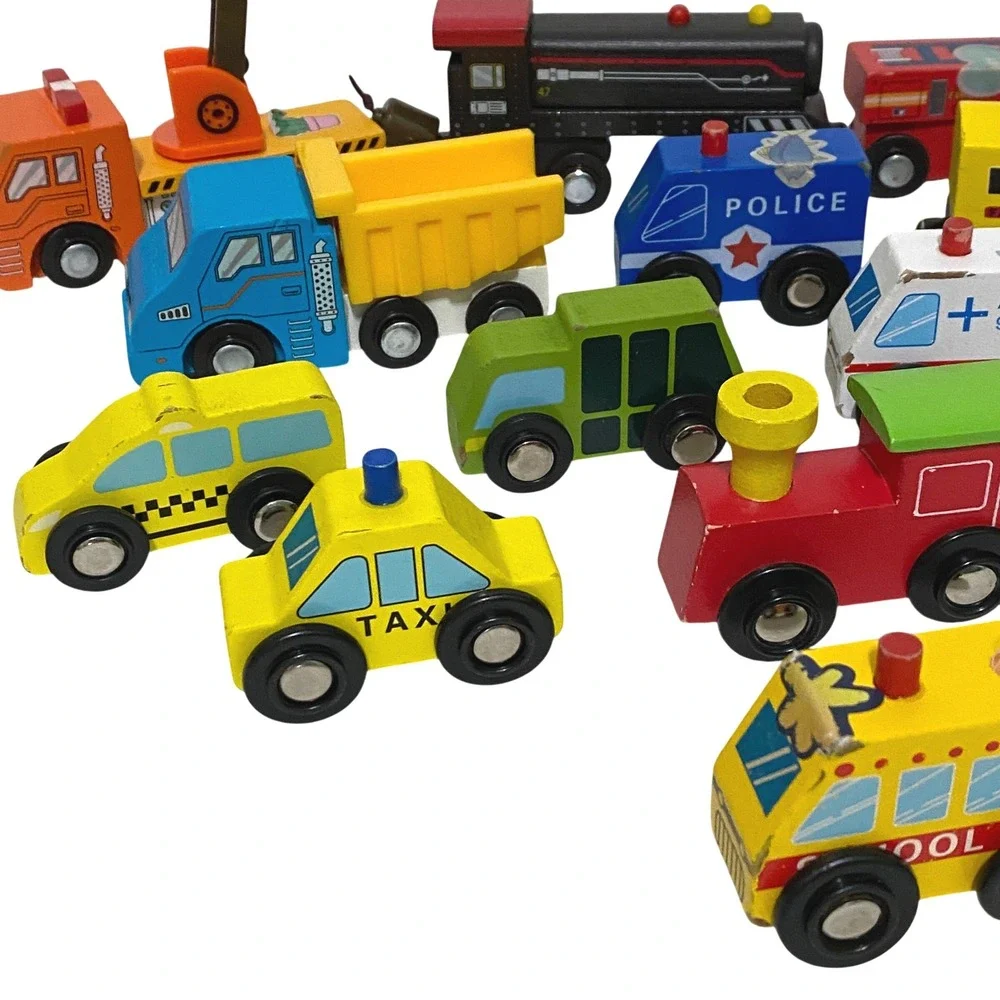Wood Magnetic Wheels Mixed Lot Train Cars Trucks Vehicles 15 Piece Set Playtime